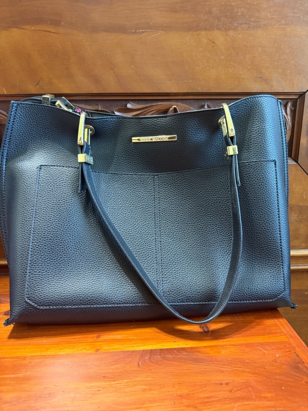 Steve Madden Black Pebbled Faux Leather Tote with Matching Floral Print Pouch - Picture 4 of 13